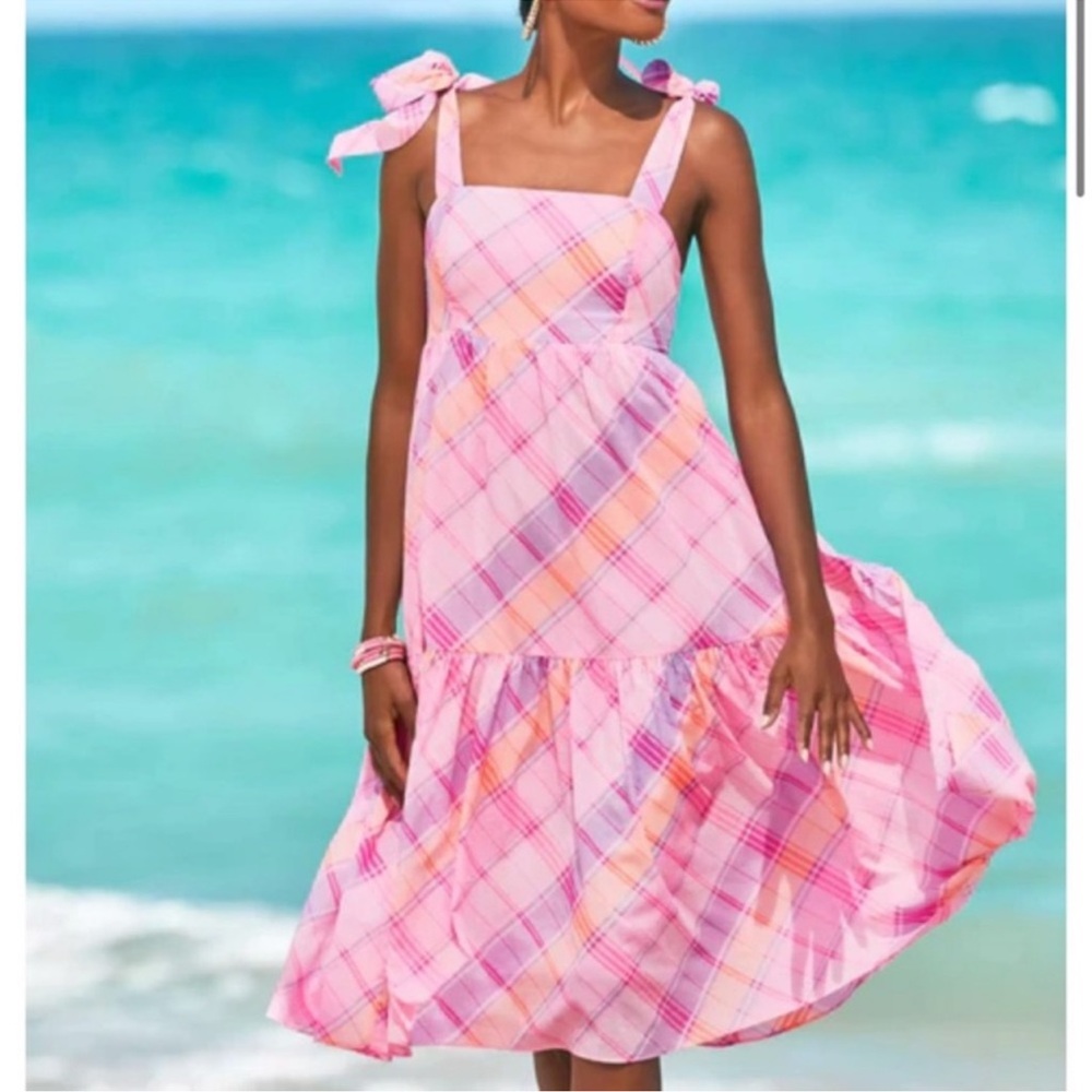 Lilly Pulitzer Anlee Pink Isle Madras Plaid Smock Tier Midi Dress Size 6 bow-tie